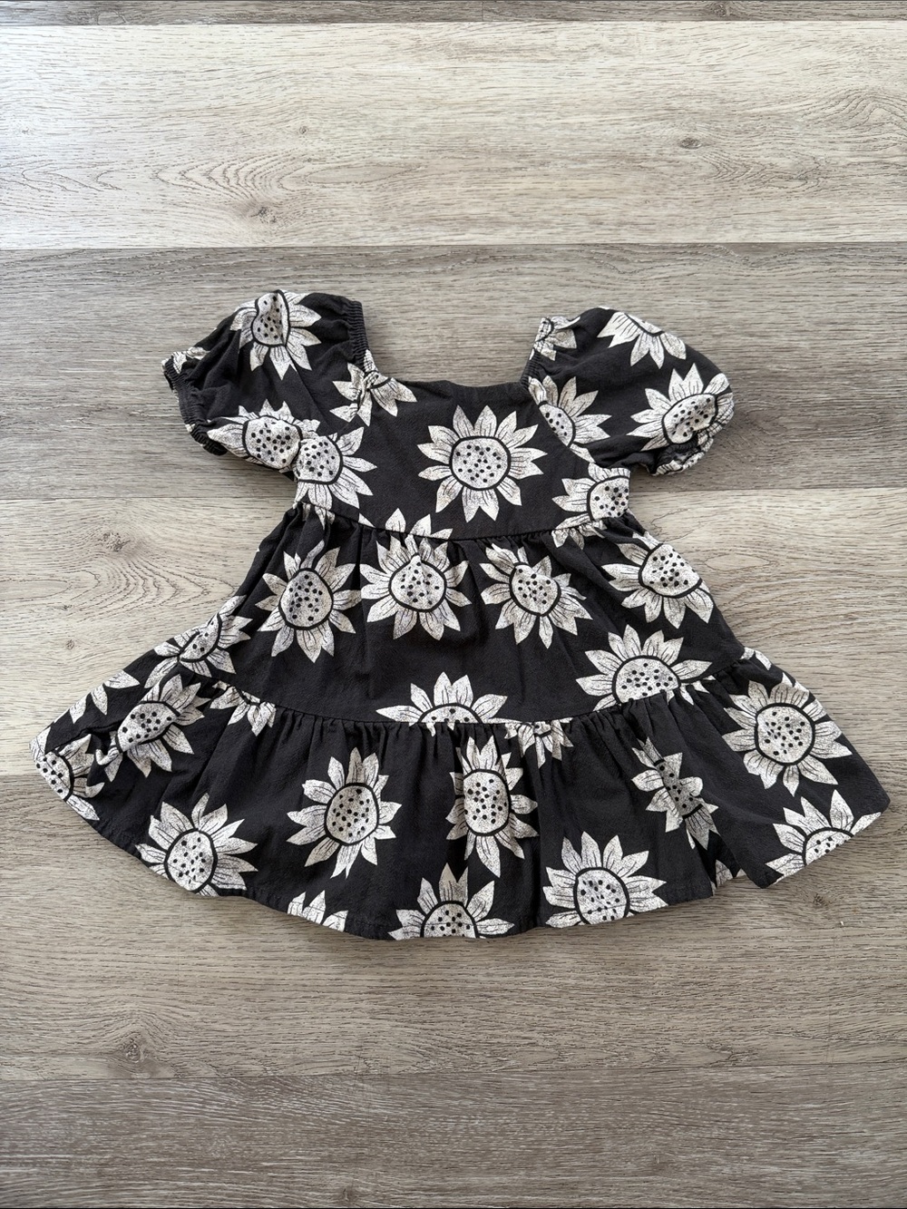 Black Sunflower Puff Sleeve Tiered Kids Dress